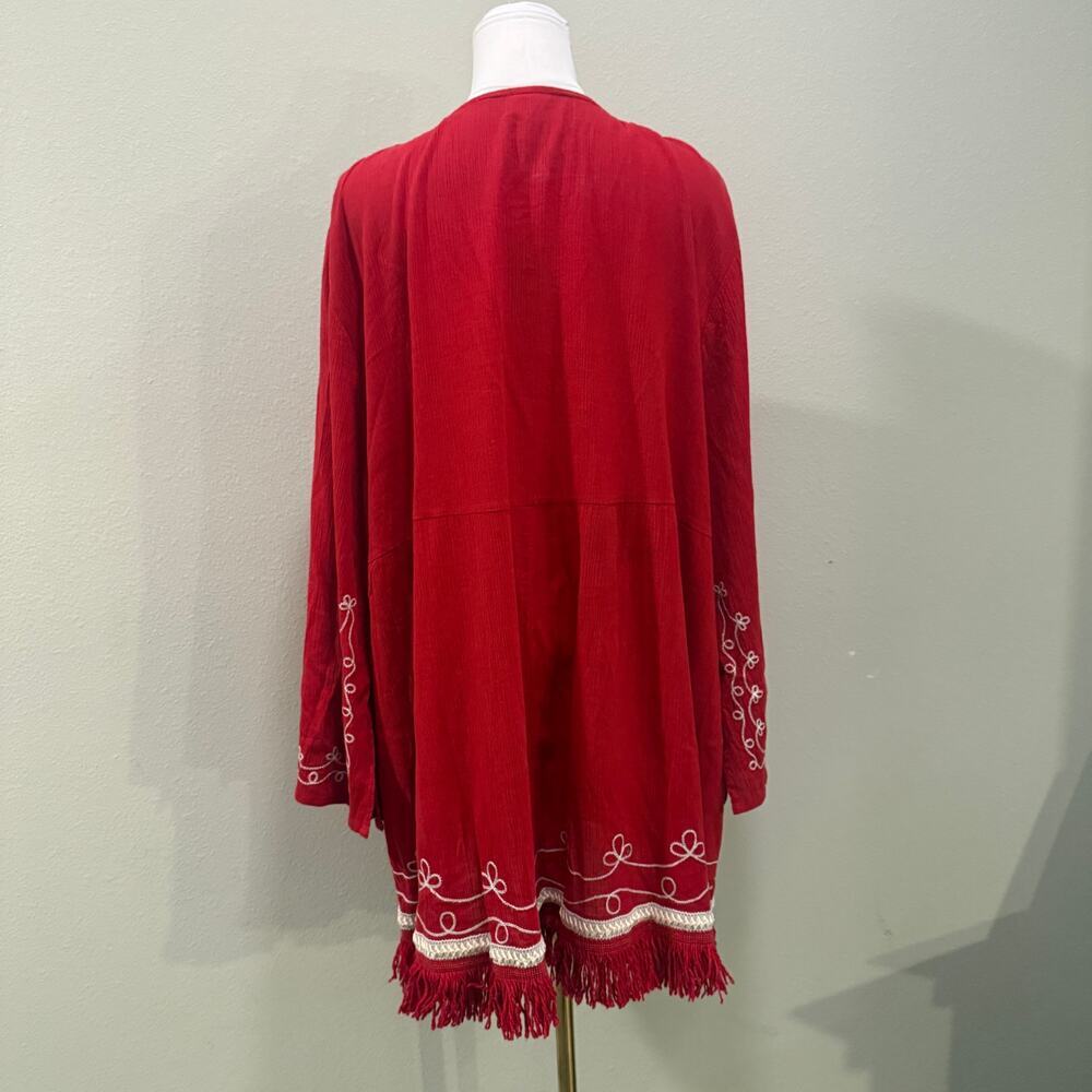 Boho Red White Embroidered Fringe Tunic Long Bell Sleeve Top Women 3x Resort - Picture 2 of 9